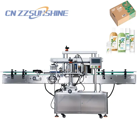 Etichettatrice automatica completamente funzionale per l'etichettatura di bottiglie di shampoo per snack a base di noci rotonde e quadrate tramite controllo PLC. Etichettatrice bifacciale.